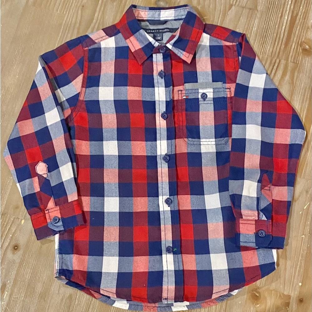 Tommy Hilfiger Boys Size 5 Red/White/Blue Long Sleeve Button Down Kid Shirt